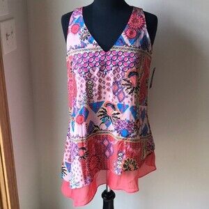 Colorful Tunic Top ZAC & RACHEL Asymmetrical Hem Sleeveless Coral NWT
